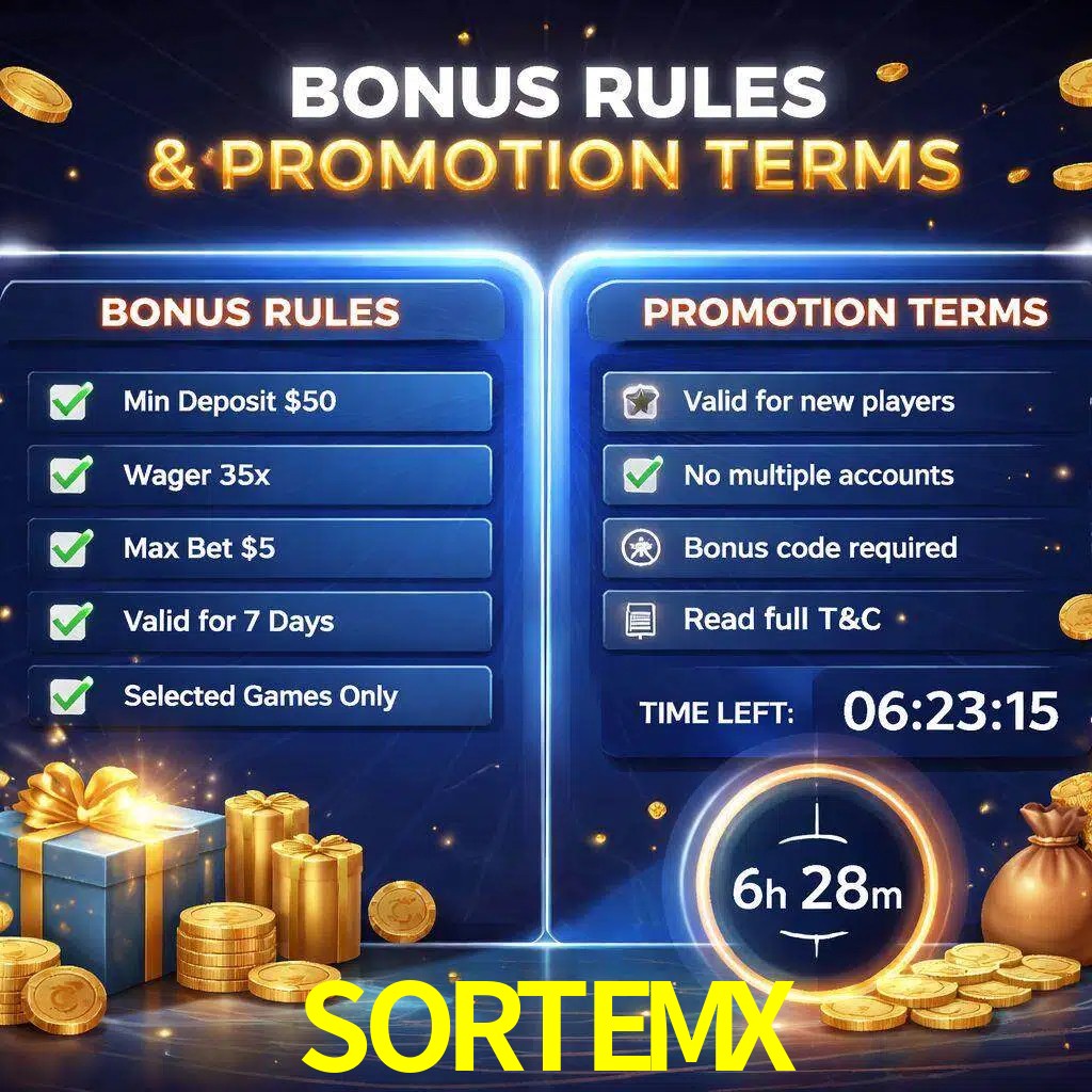 Reglas de promoción SORTEMX y condiciones de bonos explicadas visualmente