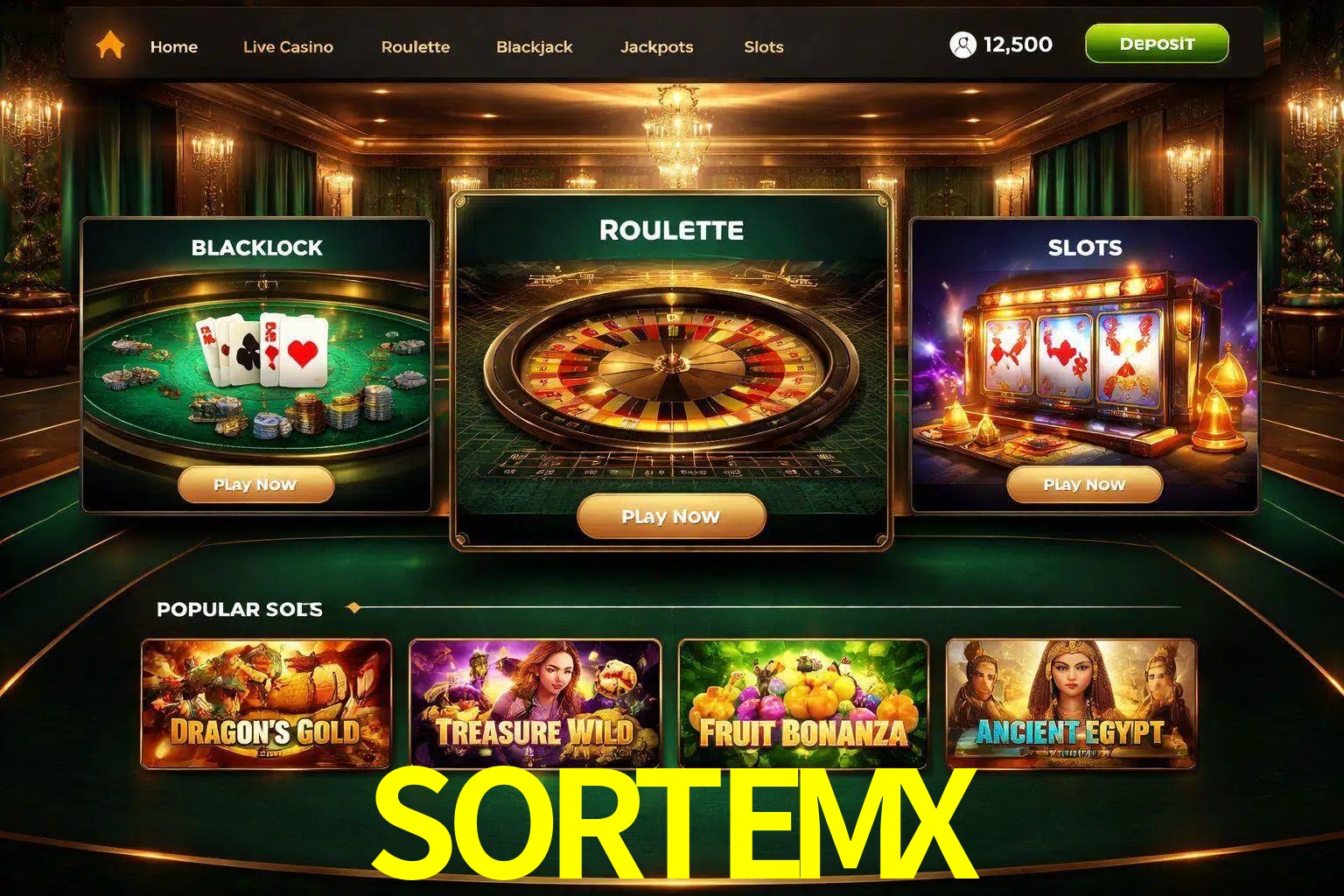 Vista de la plataforma SORTEMX Casino mostrando categorías organizadas de juegos en línea