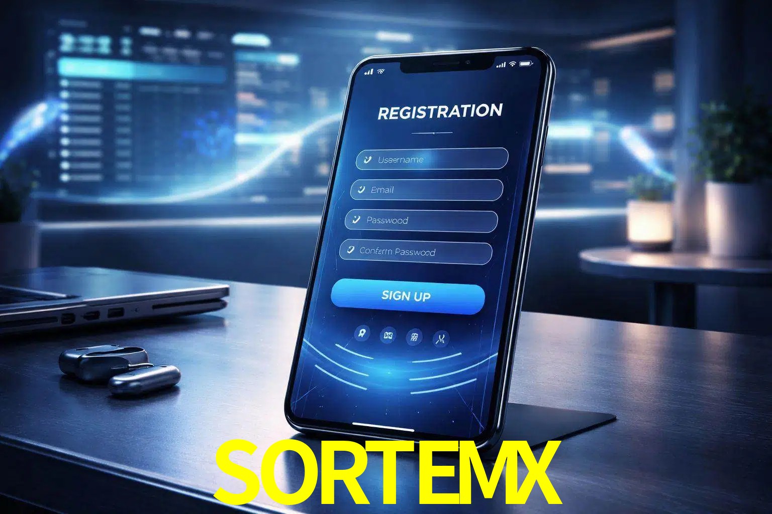 Una interfaz moderna de registro móvil para SORTEMX mostrada en un smartphone con un panel de apuestas elegante.